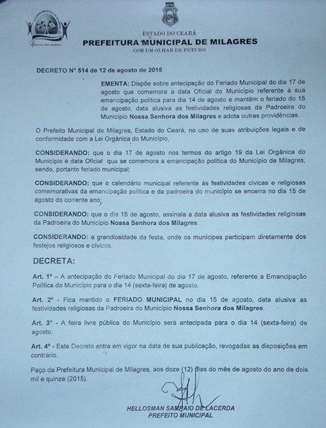Decreto feriado milagres