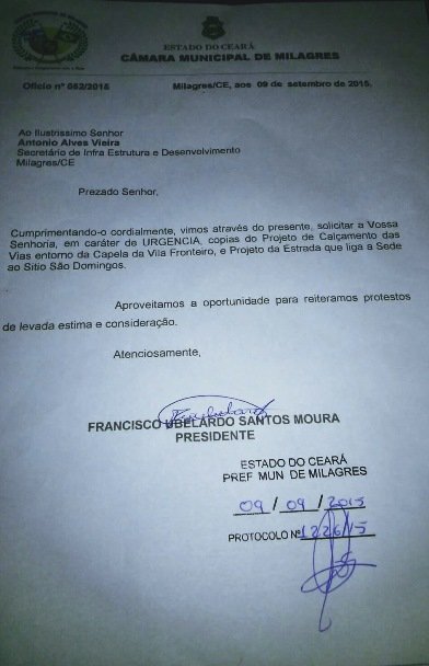 Copia do documento envido ao Antônio Alves Vieira (Secretario De Infra Estrutura E Desenvolvimento Do Município)