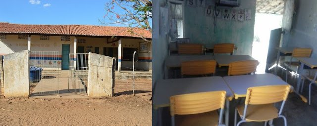 A esquerda a escola que está sendo reformada, a direita o espaço pequeno que estava sendo usado pelos alunos | Foto : Som da Terra FM e de moradores