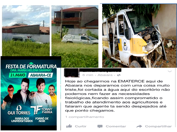 Nas imagens podemos ver veículos sucateados, o cartaz onde teria a contração de pelos menos quatro bandas para a festa e uma postagem do Facebook que relata o corte de agua na Ematerce | Imagens enviadas por leitores