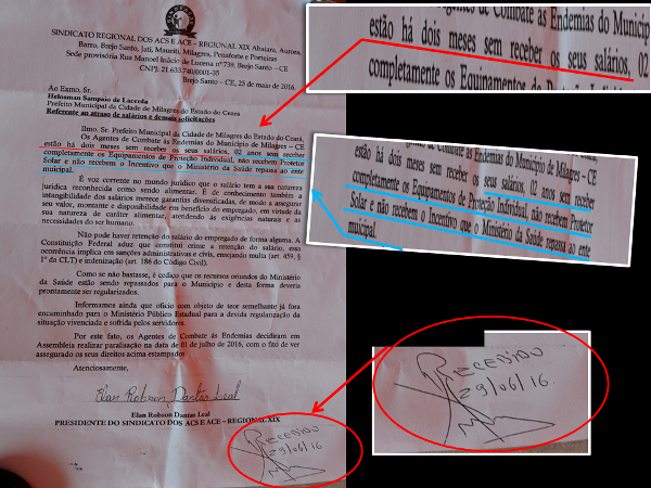 Cópia do documento entregue pelo sindicato na para a Prefeitura Municipal de Milagres