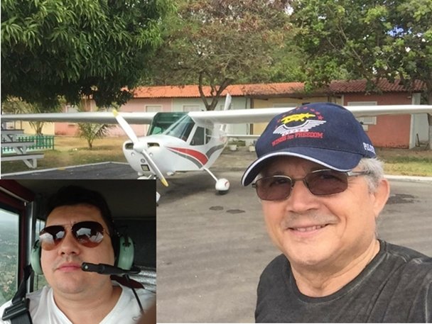 De boné e ao lado do avião, o piloto Tarcisio Tiburcio Frota Filho, o passageiro desaparecido foi identificado como Deive Ribeiro. Ele é genro do piloto | Foto: Arquivo Pessoal